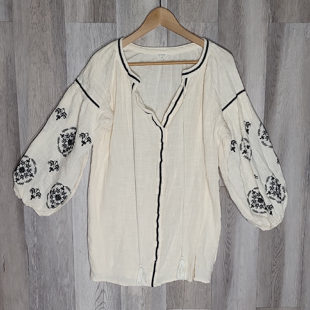 En Creme Womens M Blouse Tunic Embroidered Tassel Balloon Sleeve Boho Peasant
